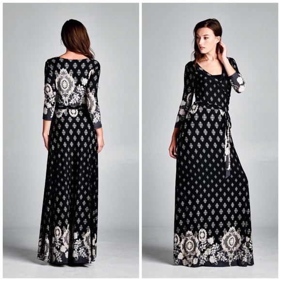 TUA Dresses & Skirts - Maxi Dress Wrap Dress Black Dress Gray Dress